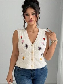 Elenzga 夏季针织绣花背心加大码毛衣背心短款宽松开衫，适合外出度假聚会夏季女装 - 杏色 - 查看 6