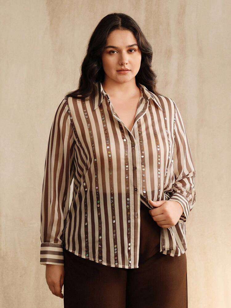 Plus Size Women Urban Chic Striped Sequin Embellished Collared Long Sleeve Blouse, Suitable For Autumn, Fall, Winter, Going Out, Elegant, Formal, Party, Chic, New Year, Christmas, Work, Graduation, Wedding
