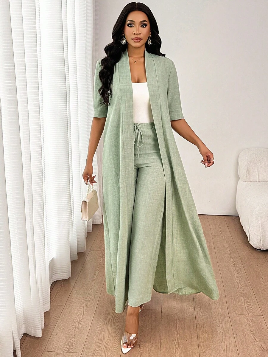 SHEIN Lady 女士优雅休闲通勤度假简约纯色长款开衫外套搭配宽松直筒裤两件套四季皆宜