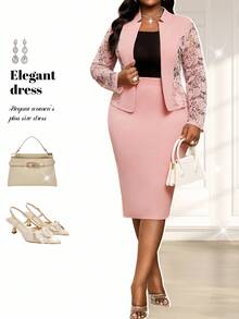 Fleurora Conjuntos de tallas grandes de manga larga de malla de punto con cuello en contraste y encaje para primavera, verano, otoño e invierno, acompañados de abrigos de tallas grandes de pelo sintético