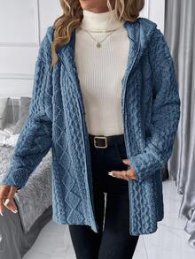 SHEIN Clasi Women's Solid Color Minimalist Daily Long Sleeve Hooded Textured Fleece Jacket In Fall/Winter - Dusty Blue - View 7
