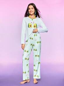 Women Cartoon Avocado Print Pajama Top And Bottom Set