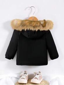 SHEIN Playful Pals Baby Boy Flap Pocket Fuzzy Trim Hooded Thermal Lined Jacket Without Tee - Black - View 2