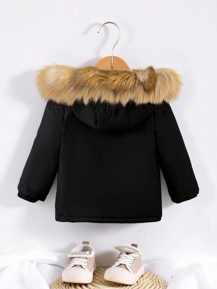Baby Boy Flap Pocket Fuzzy Trim Hooded Thermal Lined Jacket Without Tee