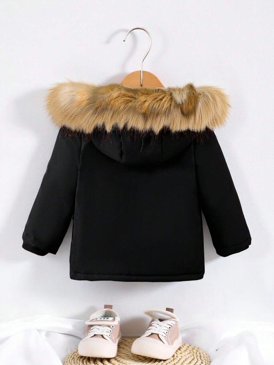 Baby Boy Flap Pocket Fuzzy Trim Hooded Thermal Lined Jacket Without Tee