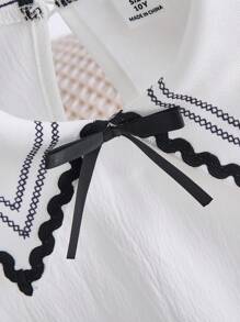 女童休闲长袖蕾丝花边套头衫，优雅花卉刺绣领衬衫，适合外出，简约白色上衣