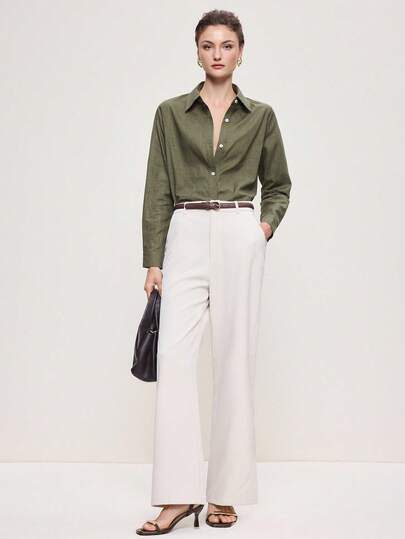 BizChic 2025 Autumn/Winter New Olive Green Lapel Front Button Down Long Sleeve Versatile Blouse, Suitable For Workplace, Casual, Layering, Office, Business, Dating, Party, Outing, Airport, Romantic, Country Music Festival, Vintage, Korean Style, Airport, Wedding Guest, Birthday, Halloween, Christmas