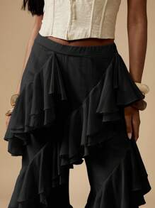 MISSGUIDED 夸张荷叶边层叠雪纺阔腿裤，个性晚装，适合各种场合的阔腿裤，适合派对穿着 - 黑色 - 查看 6