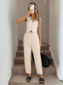 Easowa Camisa sin mangas con cuello en V, abotonada y bajo asimétrico, estilo casual, elegante y de vacaciones para mujer, estilo "Old Money" para primavera/verano