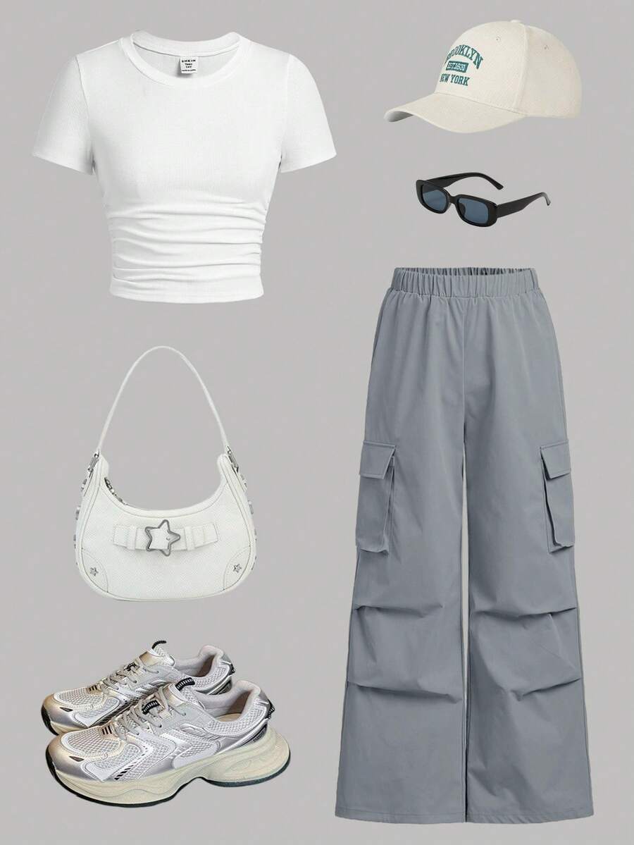 SHEIN Girlism Teen Girl Ribbed Ruched Short Sleeve T-Shirt & Ruched Pocket Pants 2 Pieces Casual Set Girld Outfit Set Clothes Set Outfit Girls Outfits - Light Grey - View 1