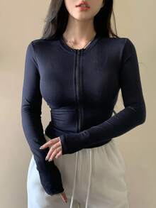 DAZY 女式圆领休闲街头风格修身短款夹克 - 藏蓝色 - 查看 3