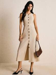 Poéselle Vestido sin mangas de unicolor y minimalista para mujer, para uso diario - Albaricoque - Ver 7