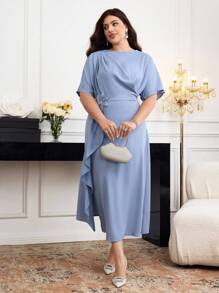 Modelyn Plus Size Women 3D Floral Decor Ruffle Hem Split Romantic Dress - Blue - View 5