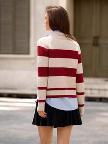 Hanevo 女式条纹插肩袖单排扣休闲宽松针织开衫 - 杏色 - 查看 2