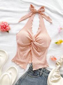 Soleia 时尚性感系带扭褶下摆开衩露背短款上衣