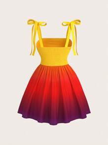 SHEIN MOD Plus Size Women Sunset Gradient Print Spaghetti Strap Tie-Up Short Dress,Yellow Gradient Orange Holiday Dress - Multicolor - View 2