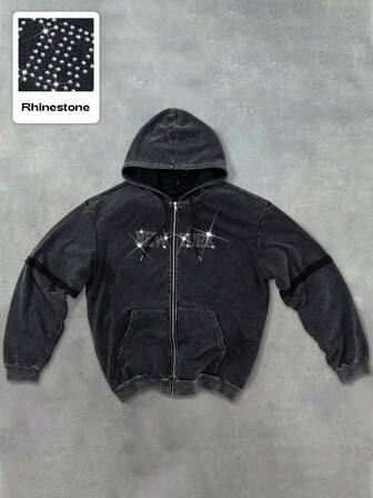 Street Life Sudadera con capucha con cremallera, estilo callejero, diseño americano con letras y strass, desgastada, para otoño