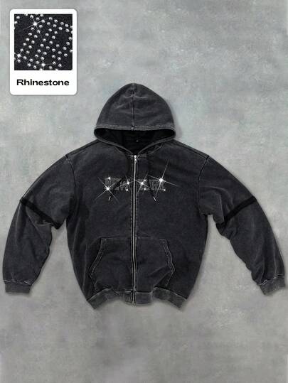 Street Life Sudadera con capucha con cremallera, estilo callejero, diseño americano con letras y strass, desgastada, para otoño