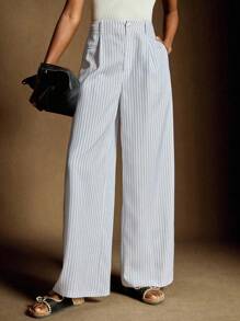 Écloséra 女士时尚黑白条纹百褶高腰裤，春秋款 - 黑與白 - 查看 6