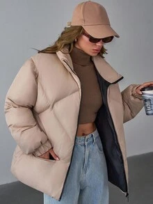EURMUSE Women's Solid Color Long Sleeve Zipper Front Loose Casual Winter Jacket - Beige - View 3