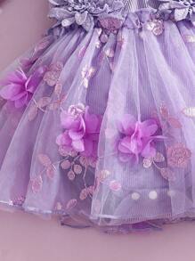 SHEIN Infant Baby Girls Sweet Elegant Gorgeous Adorable 3D Flower Embroidered Purple Tulle Princess Dress Outfit With Headband, Suitable For 0-9M Newborn Babies, Fits Birthday, Memorial Day, Photo Shoot, Flower Girl For Wedding, Outdoor Activities, Holiday Celebration - Purple - View 6