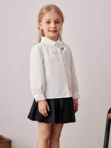 PrepCrw 年轻女孩学院风字母刺绣翻领前扣长袖衬衫 - 白色 - 查看 3