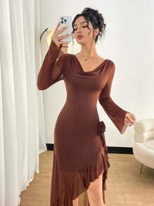 Modelyn Gaun Wanita Elegan Warna Cokelat Kopi Polos dengan Hem Bergelombang dan Belahan Tinggi untuk Musim Gugur, Gaun untuk Acara Pernikahan, Makan Malam, Kencan, dan Acara Lainnya - Coffee Brown - View 2