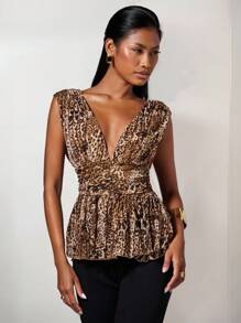 COSMINA 四季女式性感优雅豹纹深 V 领露背系带荷叶边上衣，外出上衣 - 棕色 - 查看 8