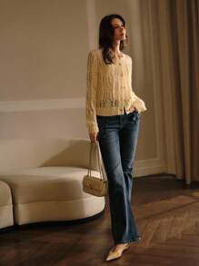 MOTF PREMIUM 镂空宽松圆领长袖毛衣 - 杏色 - 查看 5