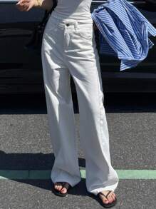 DAZY 复古做旧白色开衩高腰直筒女式长款牛仔裤 - 白色 - 查看 7