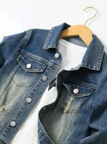 Conjunto de chaqueta vaquera desgastada azul y jeans con cintura ajustable para niño preadolescente de moda para exteriores y calle - Azul lavado oscuro - Ver 4