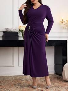 Modelyn Plus Size Elegant Solid Color Rhinestone Decor Fitted Dress,Elegant Dresses For Women