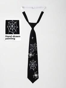 ROMWE Grunge Punk 1pc Women's Spider Hand-Painted Necktie, Suitable For Daily Wear - Black - View 1