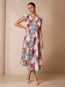 Shutterstock Glamance Women's Floral Print Ruffle Hem Romantic Vacation Dress Floral Midi Dress Midi Summer Dress Floral Dress Date Night Outfits Women Casual - Blue - View 2