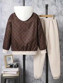 SHEIN 2pcs Tween Boys Printed Jacket And Pants Set, Casual Outfit Fall Winter - Coffee Brown - View 2