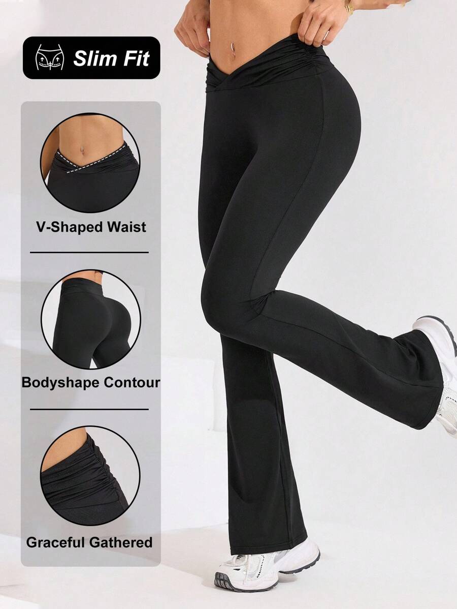 Easithlete Pantaloni sport pentru yoga, tip pliuri simple, cu talie înaltă, stil sport, stil yoga, pentru femei