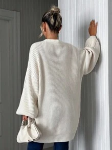 SHEIN Tall Tall Size Women Casual Plain Solid Color Long Sleeve Button Front Ribbed Loose Knit Cardigan Petite Everyday Home White Autumn - Beige - View 2