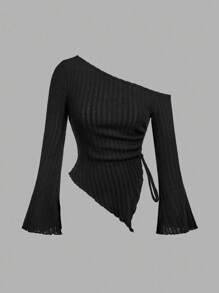 SHEIN MOD 两件装黑白女式不对称下摆喇叭袖T恤，带抽绳，不对称领口，罗纹袖，喇叭袖，单袖上衣，适合返校季、教师、可爱女性、万圣节服装、商务休闲女性、办公室女性穿着。 - 黑與白 - 查看 6