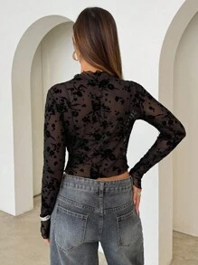 Aloruh Camiseta transparente de malla con estampado floral para mujer