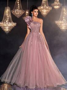 Glamrae 优雅奢华缎面肩部串珠亮片装饰薄纱泡泡裙，适合婚礼、派对、毕业典礼、度假、舞会、庆典（重度装饰） - 藕粉色 - 查看 3