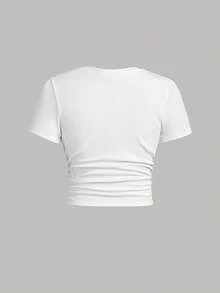 SHEIN Girlism Teen Girl Ribbed Ruched Short Sleeve T-Shirt & Ruched Pocket Pants 2 Pieces Casual Set Girld Outfit Set Clothes Set Outfit Girls Outfits - Light Grey - View 4