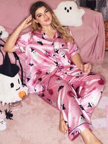SHEIN Cute Pink Satin Plus Size Pajama Set With Textured Pattern And Lapel Neckline, For Halloween - Multicolor - View 6