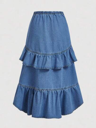 SHEIN MOD Plus Size Fashion Casual Ruffled Uneven Hemline Denim Skirts