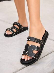 HighSole Mules de Mulher Moda Preta Simples com Tachas de Metal, Sola Grossa de Duas Camadas, Confortável, Adequado para Ir ao Trabalho, Encontros, Festas e Outras Ocasiões