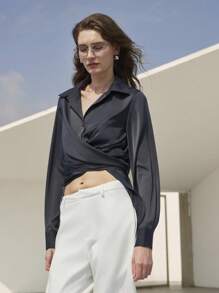 Uhlyne Áo sơ mi nữ thanh lịch, tối giản, màu xám đậm, cài cúc, có thắt lưng, thích hợp cho công sở, đi làm hàng ngày, phong cách chuyên nghiệp, nghỉ hè, du lịch, nghỉ mát, mùa xuân. - Màu xám đen - Xem 9