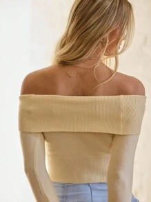 Aralina Women's Casual Fall/ Winter Butter Yellow Vintage Off Shoulder Y2K Long Sleeve Knit Sweater Perfect For Going Out And Country Concert, For Teacher And Birthday - Apricot - View 2