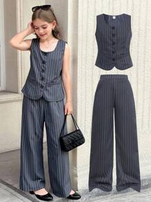 SHEIN Conjunto de 2 piezas con blazer sin mangas de cuello cuadrado a rayas y pantalones de pierna ancha para niña preadolescente - Gris Oscuro - Ver 18