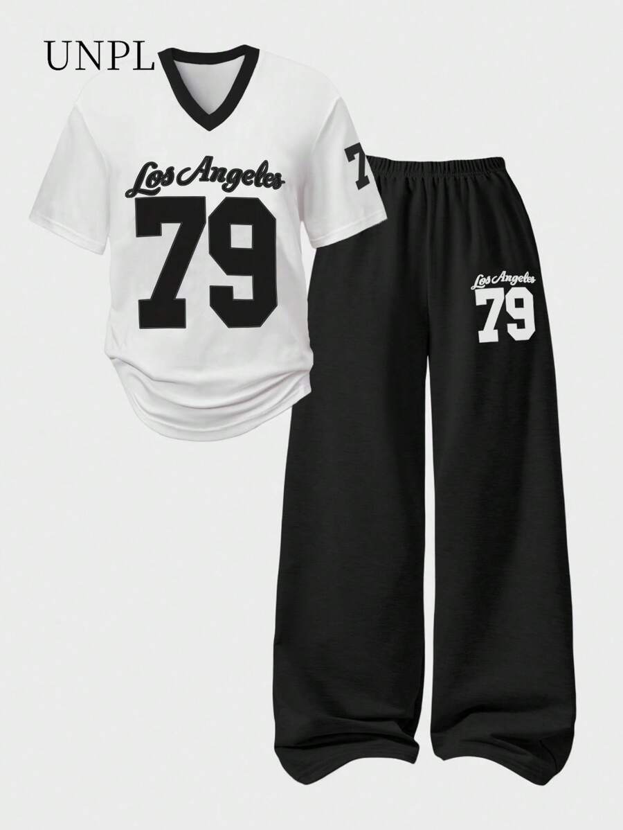 SHEIN Explorewe Bộ 2 món/Bộ áo thun thể thao in số cổ chữ V tay ngắn và quần dài ống rộng cho bé gái tuổi teen - Nhiều màu - Xem 1