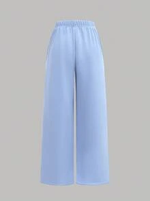 SHEIN Girlism 3件套青少年女孩休闲运动衫搭配印花吊带背心和阔腿运动裤套装 - 藍白色 - 查看 12