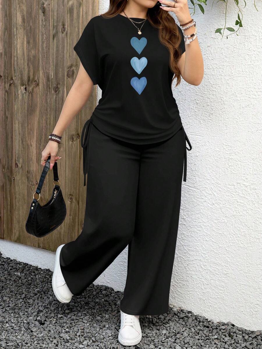 SHEIN LUNE 2pcs Casual Minimalist Blue Heart Pattern Plus Size Set, Suitable For Summer & Autumn - Multicolor - View 1